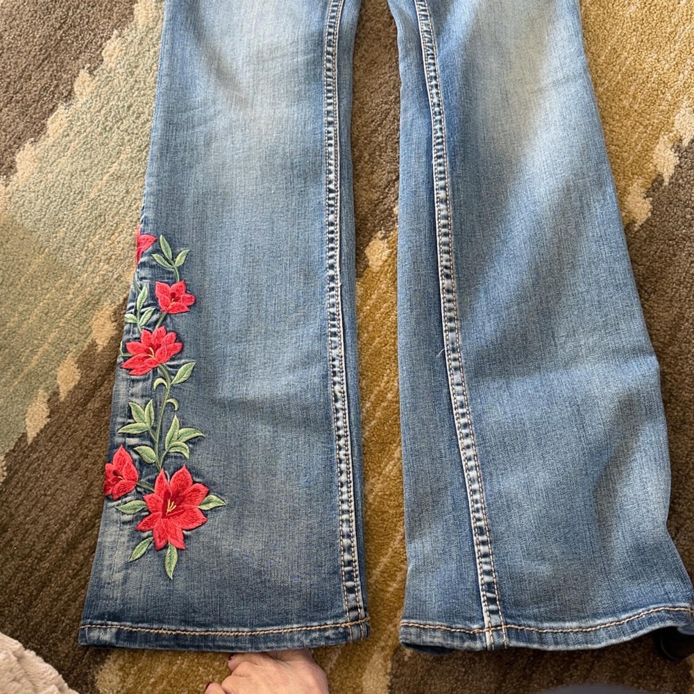 Grace Blue Jeans with Red Floral Embroidery